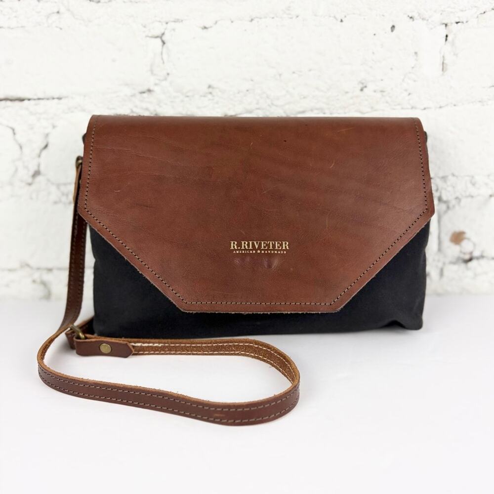 R. Riveter Patton Black Canvas Flap Leather Crossbody Purse